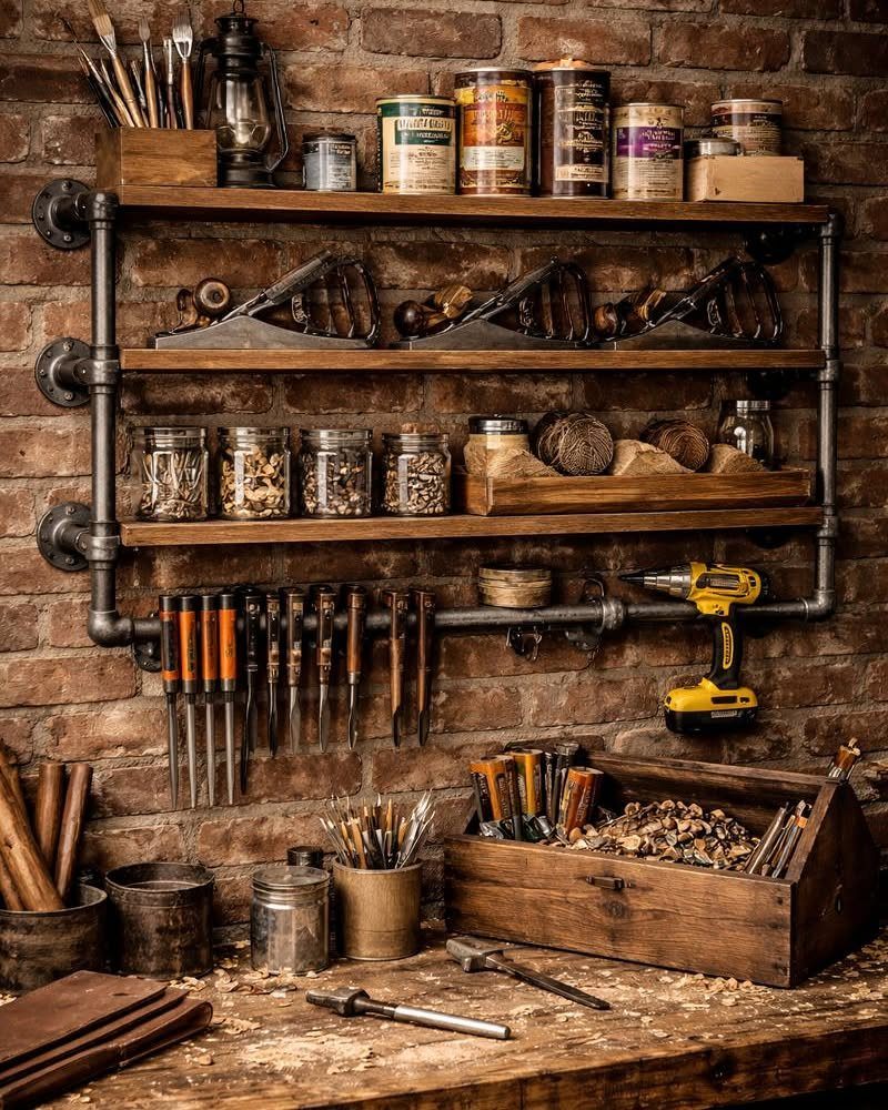 Industrial-chic shelves made of wood and metal pipes on a brick wall.