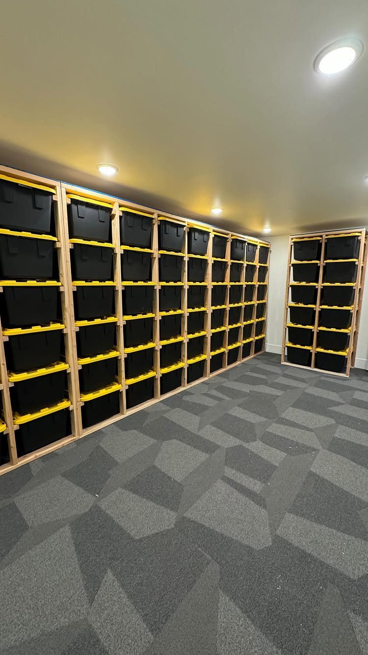 Wooden shelving units filled with black and yellow storage bins in a basement.
