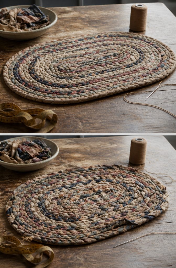 Braided rag rug in progress with rows of braid joined together