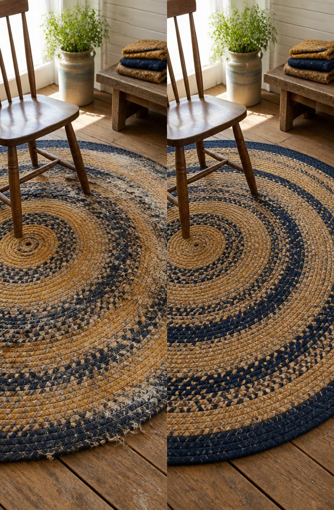 Braided rag rug with golden fabric strands and a dark navy accent