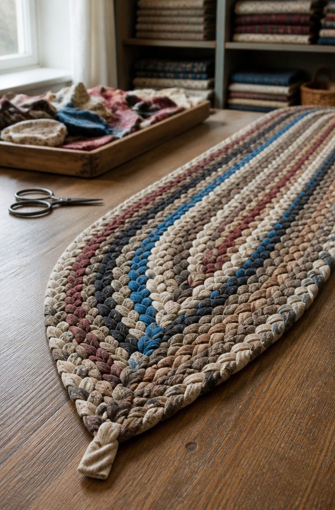 Braided rug edge narrowing to a tucked strand on a sewing-room table