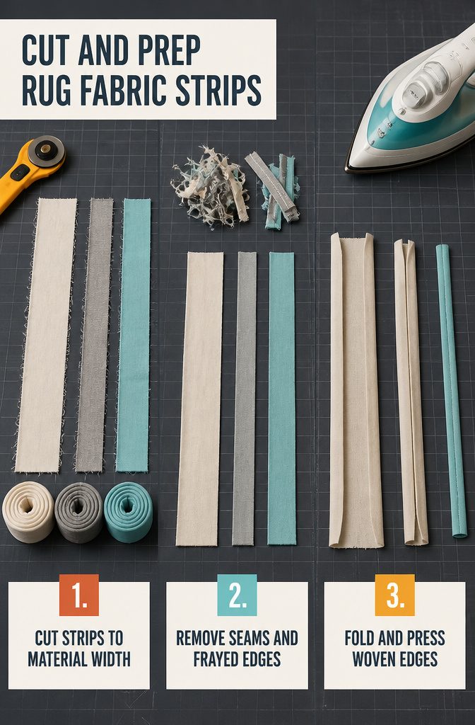 Fabric strips prepared for a braided rug in cotton wool and T-shirt material