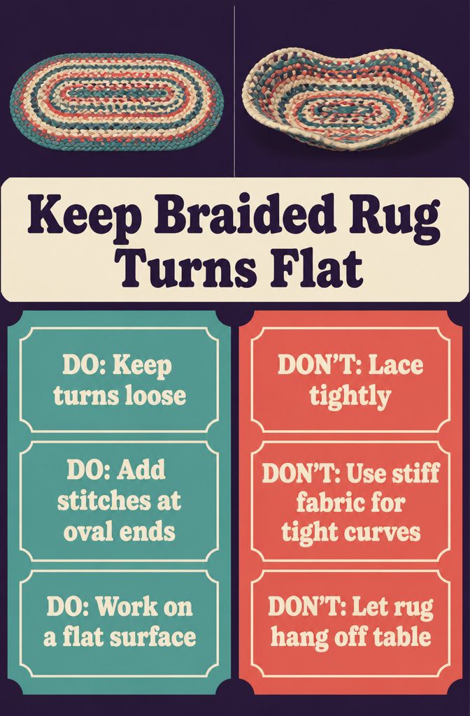 Braided rug turn shown with fabric coils lying flat