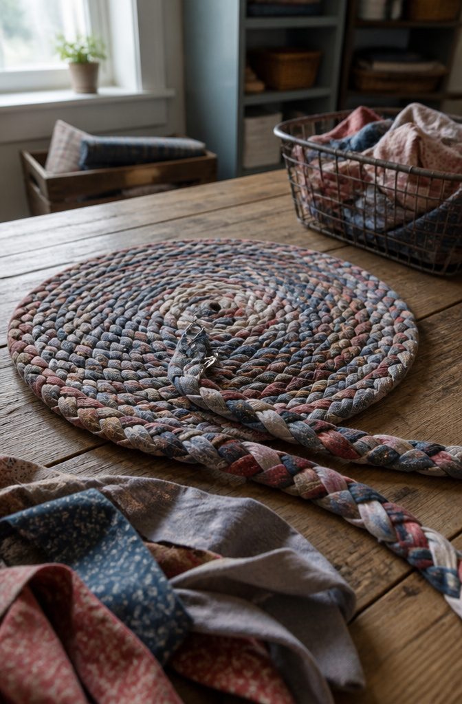 Three-strand fabric braid coiled into a circle with a pin at its center