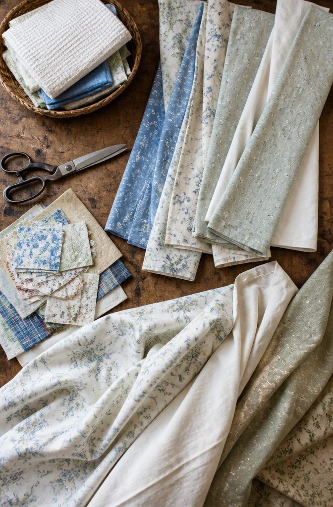 Cotton sheets and colorful fabric scraps arranged on a sewing table