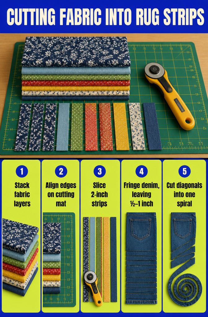 Fabric strips cut to a consistent width on a cutting mat