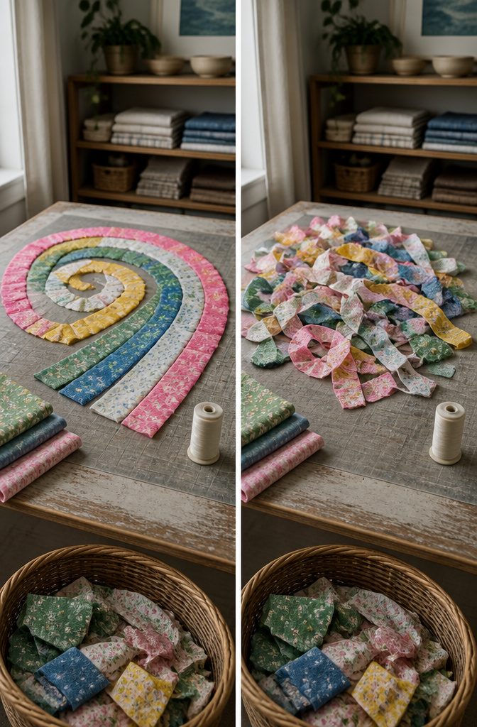 Colorful fabric strips sorted into groups on a worktable