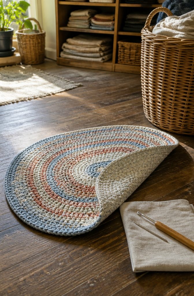 Blue cream and rust oval rug partly turned over beside a blunt needle