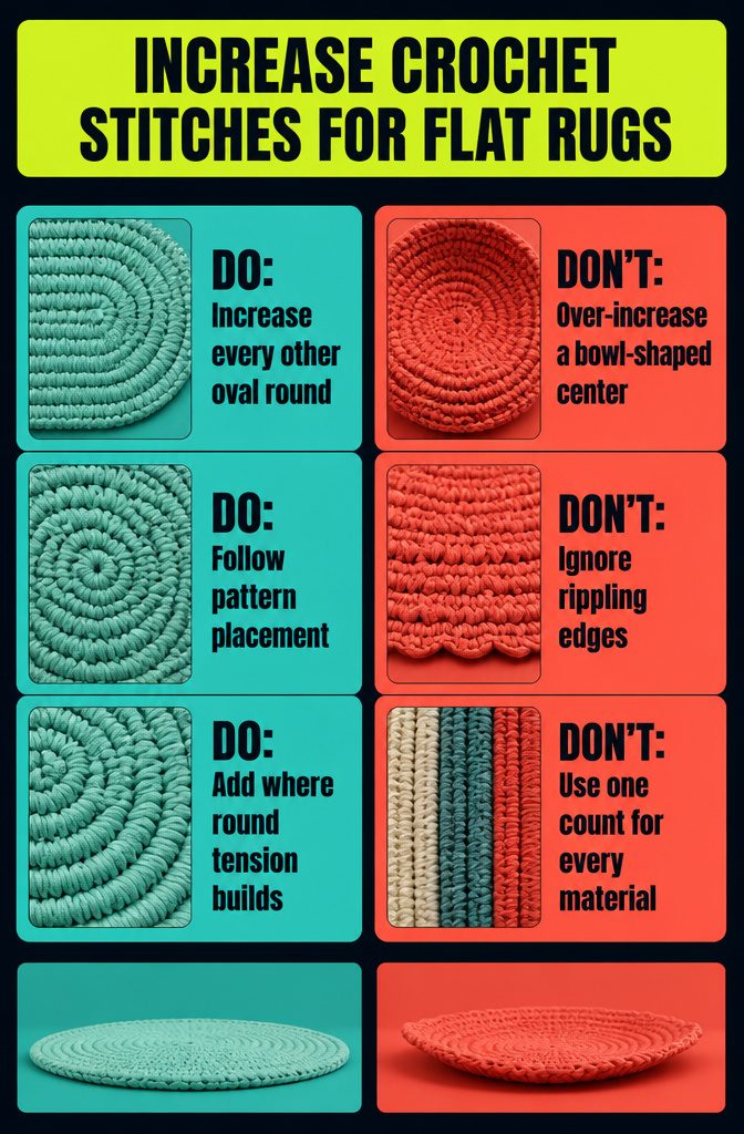 Crochet diagram showing stitch increases around a flat rug edge