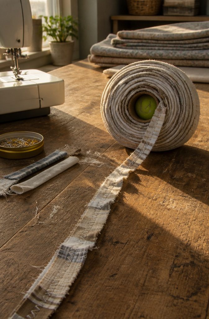 Fabric ball with joined strips unspooling beside a sewing machine