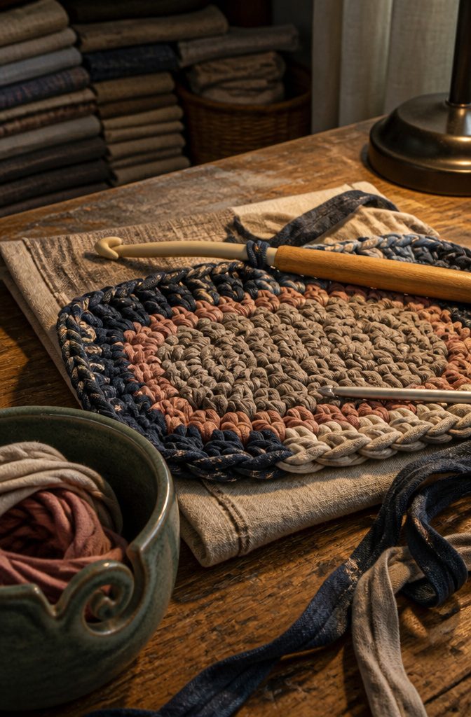 Jumbo crochet hook beside thick fabric strips on a table