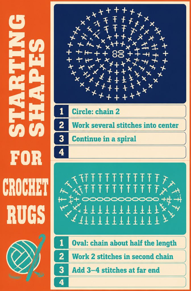 Crochet diagrams of circle and oval rug starting shapes