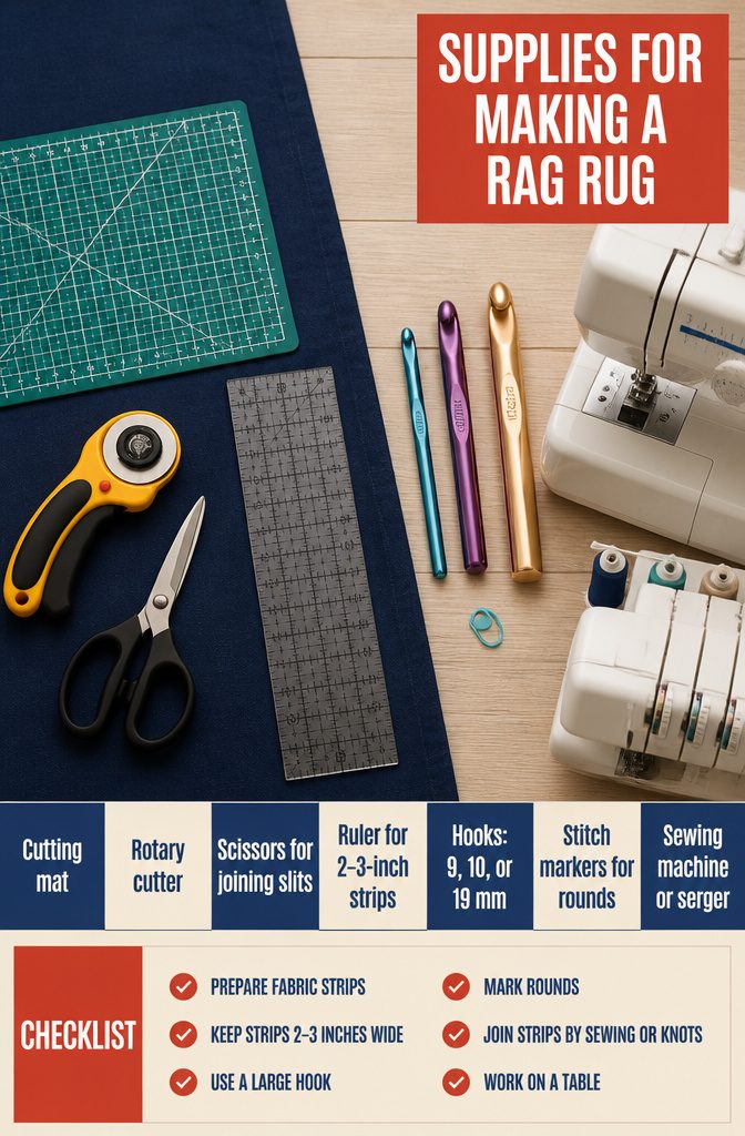 Cutting mat rotary cutter scissors crochet hooks and ruler on a table