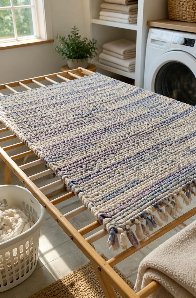 Cotton rag rug drying on a wooden rack beside a laundry basket