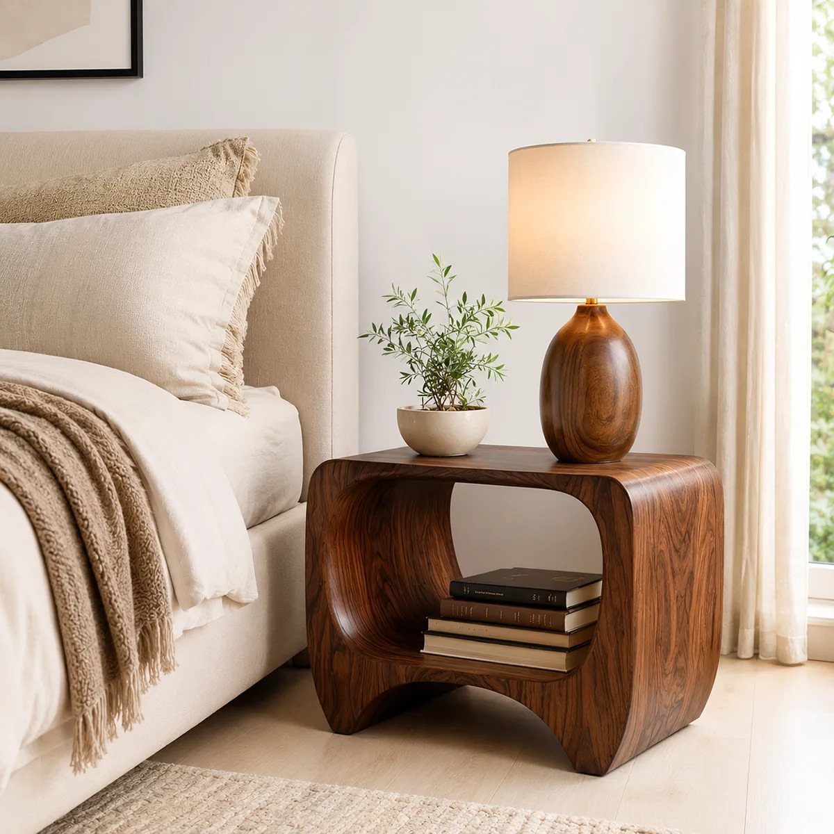 Curved dark wood bedside table with a lamp and plant next to a bed