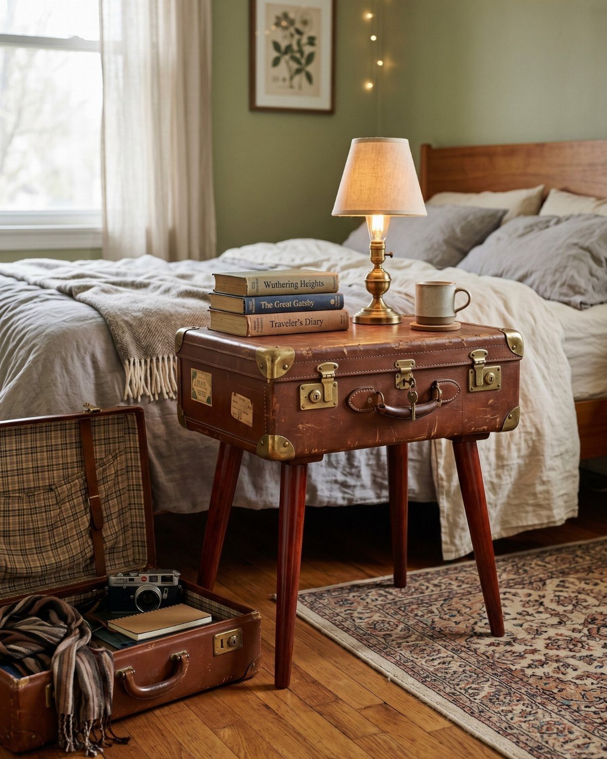 Vintage brown suitcase repurposed as a bedside table with a lamp and books.