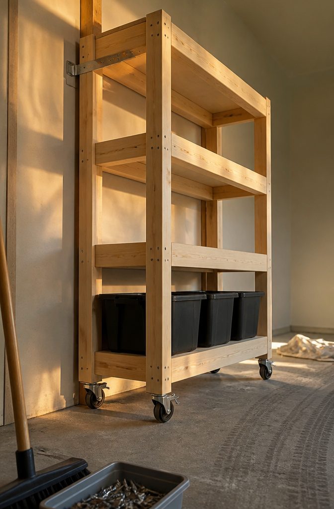 How to Build DIY Bin Storage Shelves in 6 Steps 5 Metal L brackets fastening upper wooden shelf corners to a wall
