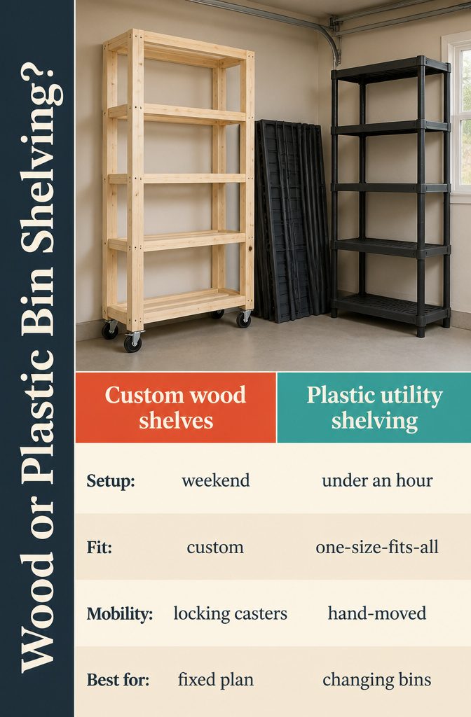 How to Build DIY Bin Storage Shelves in 6 Steps 9 Comparison graphic showing wood and plastic shelving for storage bins