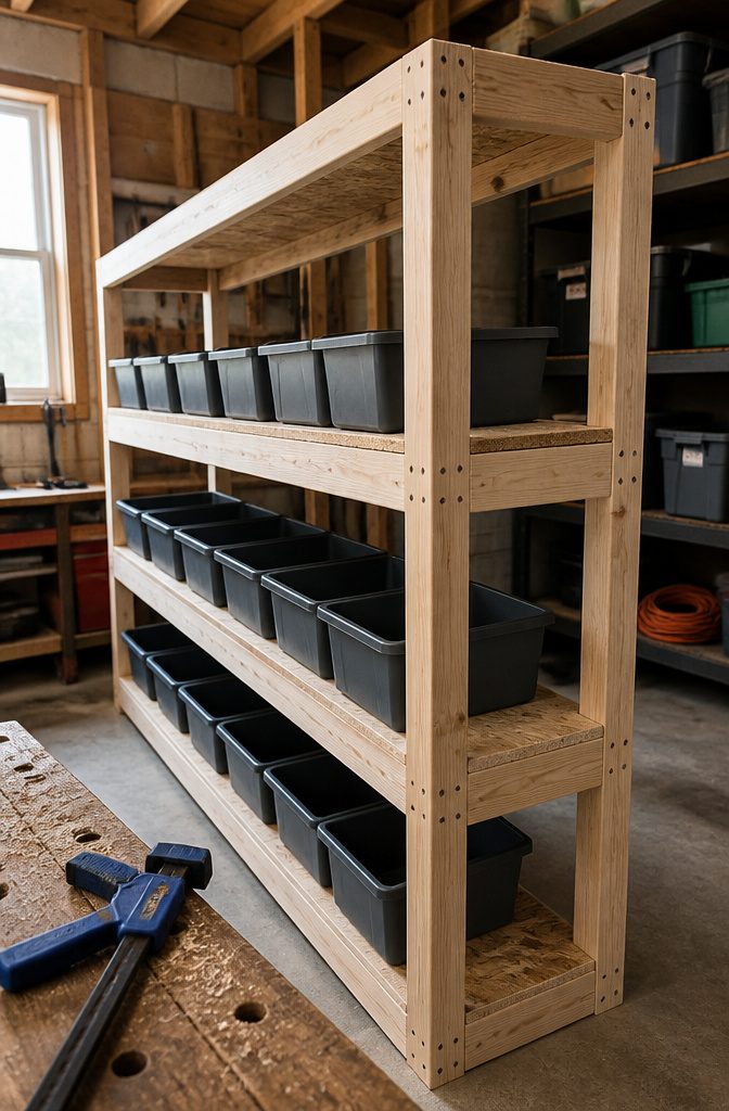How to Build DIY Bin Storage Shelves in 6 Steps 3 Wooden shelf frame with 4×4 uprights fastened to horizontal 2×4s