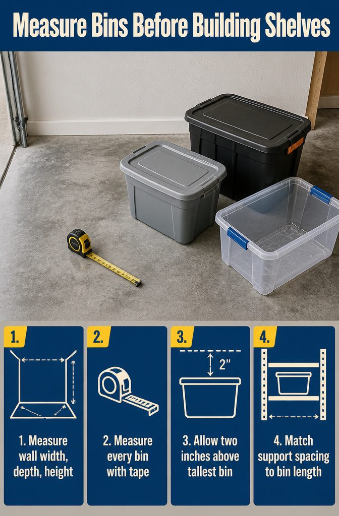 How to Build DIY Bin Storage Shelves in 6 Steps 1 Bin measurement guide with storage containers shown at different sizes