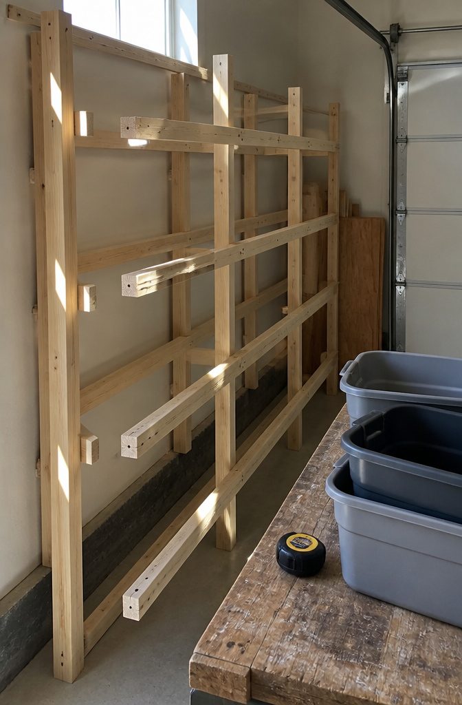 How to Build DIY Bin Storage Shelves in 6 Steps 4 Pine shelf slides between upright frames with a scrap wood spacer