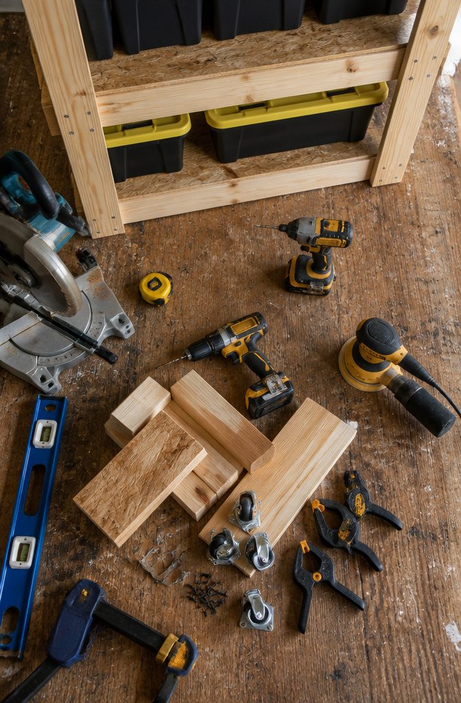 How to Build DIY Bin Storage Shelves in 6 Steps 7 Pine 2×4s 4×4 supports screws brackets and woodworking tools