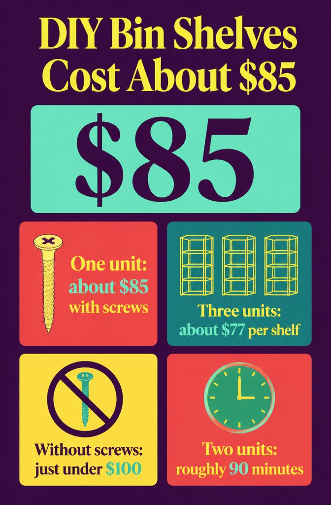 How to Build DIY Bin Storage Shelves in 6 Steps 8 Cost graphic with a dollar figure beside a wooden bin shelf