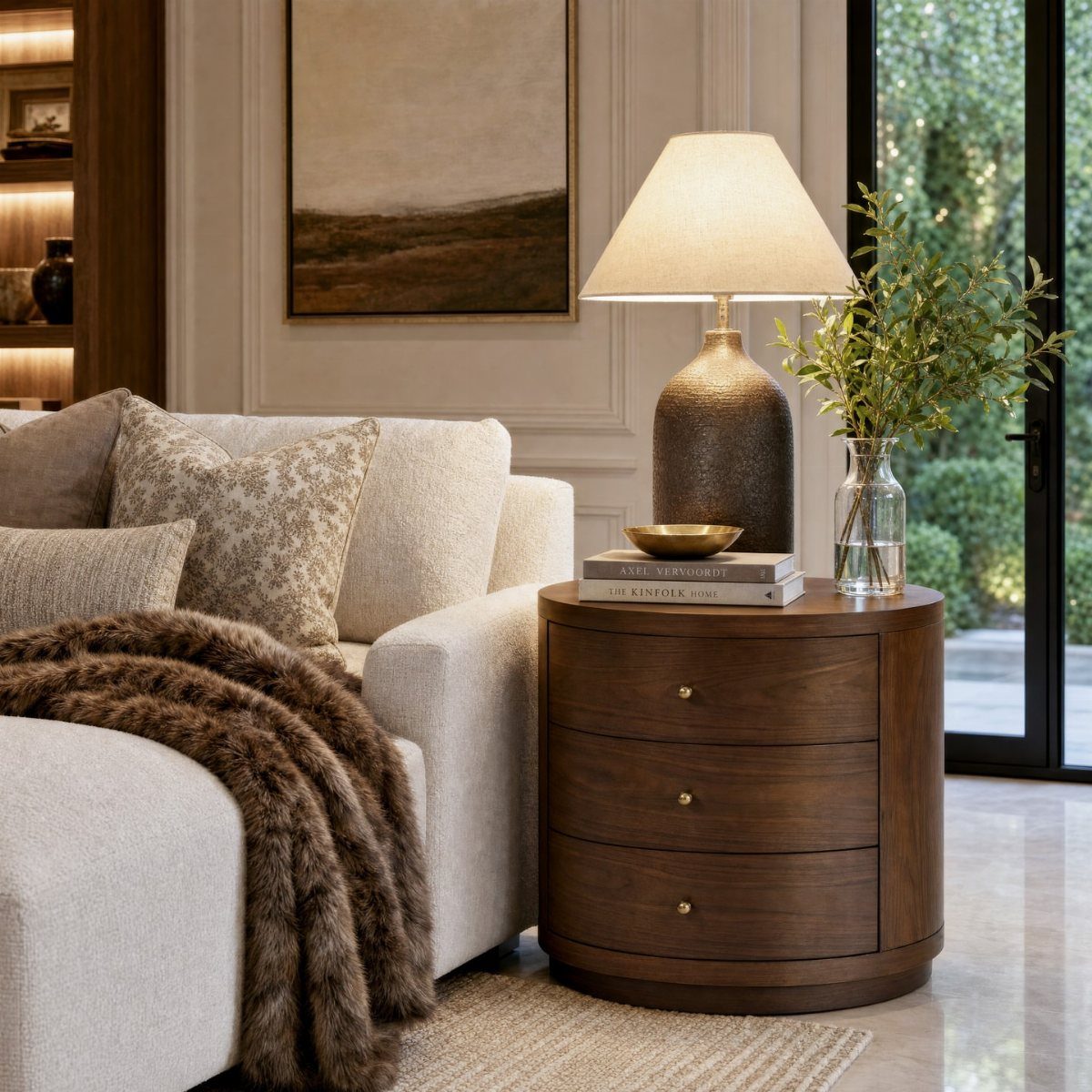 Round dark brown wooden end table with drawers next to a beige sofa