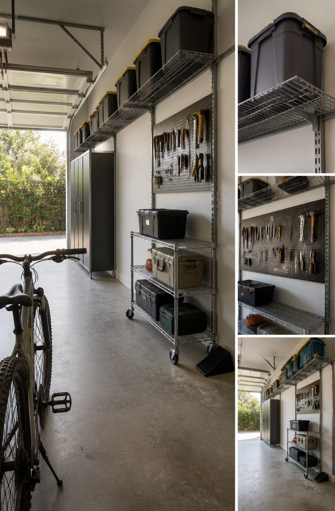 Garage storage area pictured for an article about choosing shelving and bins