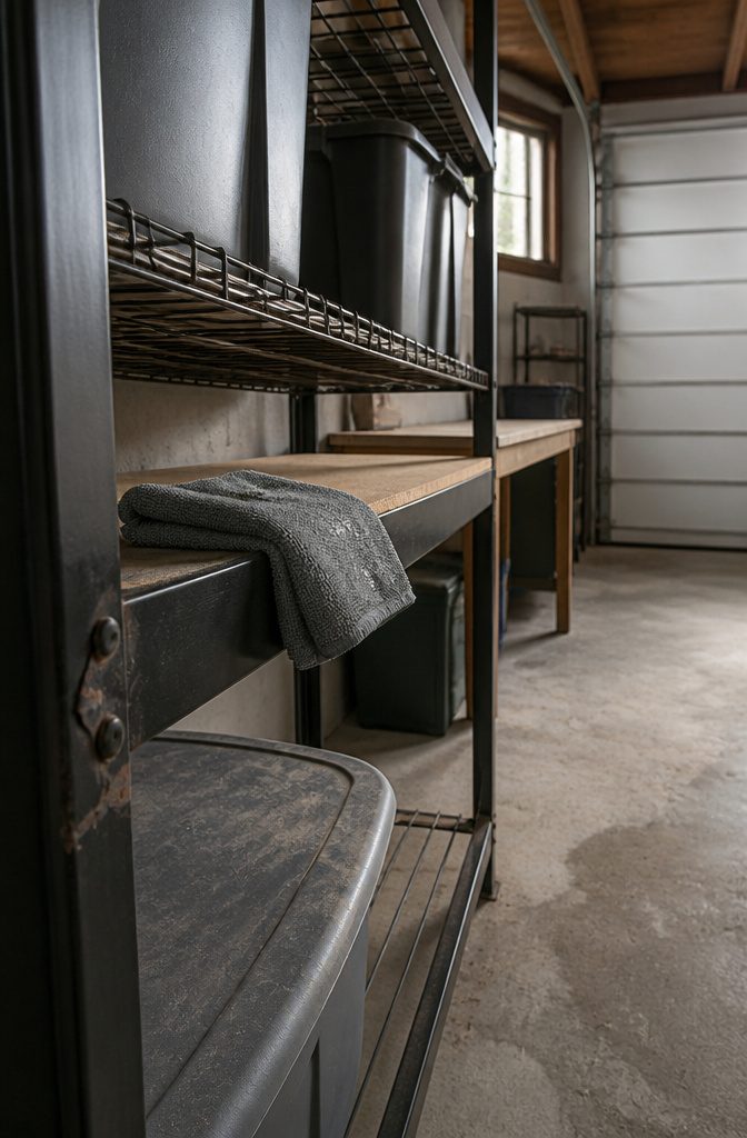 Damp cloth against a metal shelf rail with dust and a clean strip