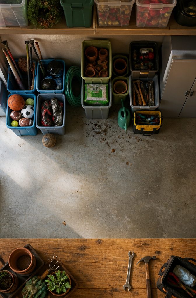 Garage storage area pictured for an article about grouping belongings by category