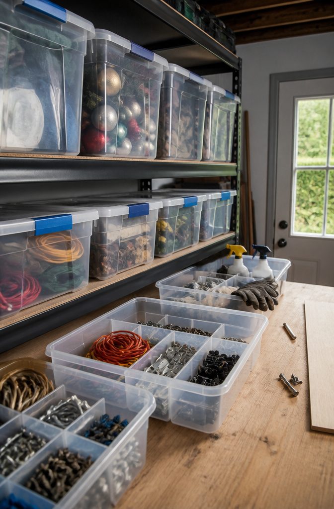 Clear garage totes with blank tape labels above an open bin with dividers