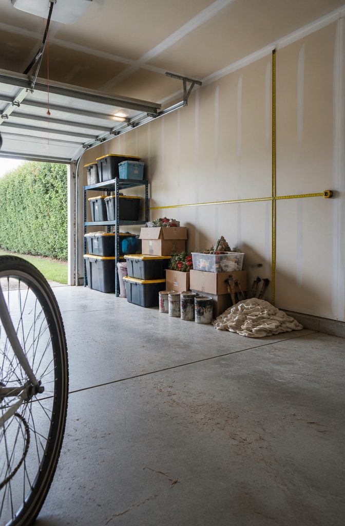 Garage storage area pictured for an article about organizing belongings in bins