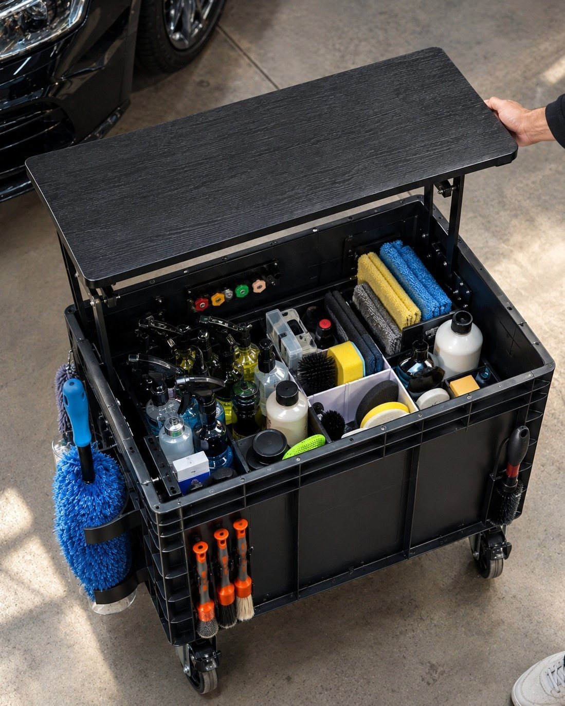 DIY Garage Organization: 17 Ideas to Build and Install 9 Black rolling utility cart filled with organized car cleaning supplies in a garage.