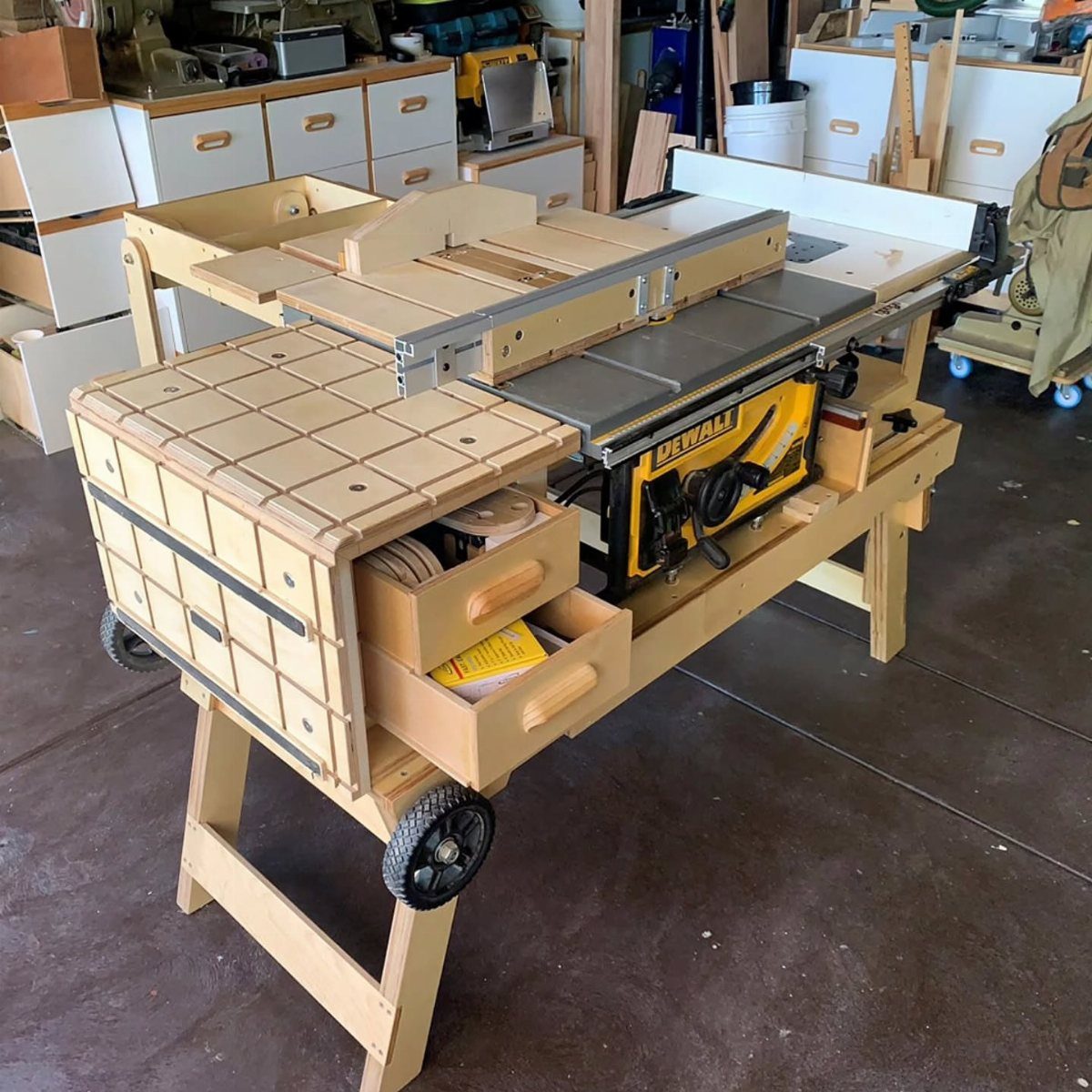 17 Garage Storage Inspiration Ideas to Organize Any Space 12 Mobile wooden workbench with integrated DeWalt table saw and storage drawers in a garage.