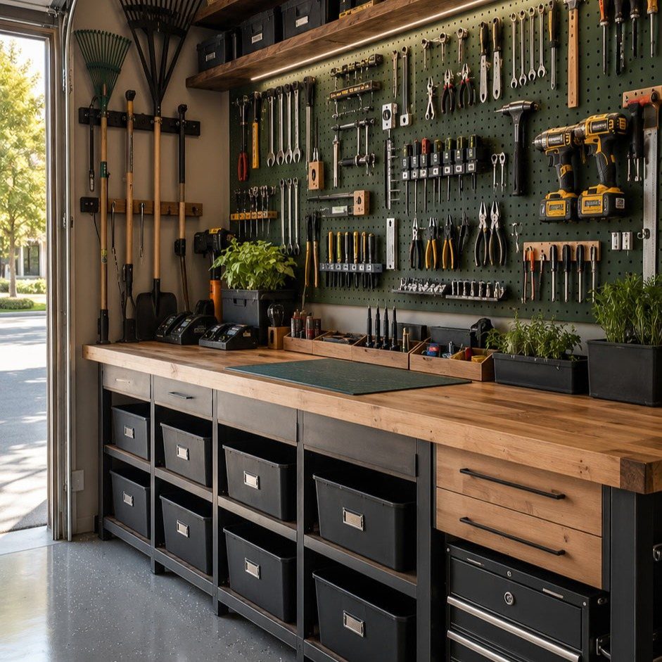 17 Garage Storage Inspiration Ideas to Organize Any Space 4 Green pegboard wall with organized hand tools above a wooden garage workbench