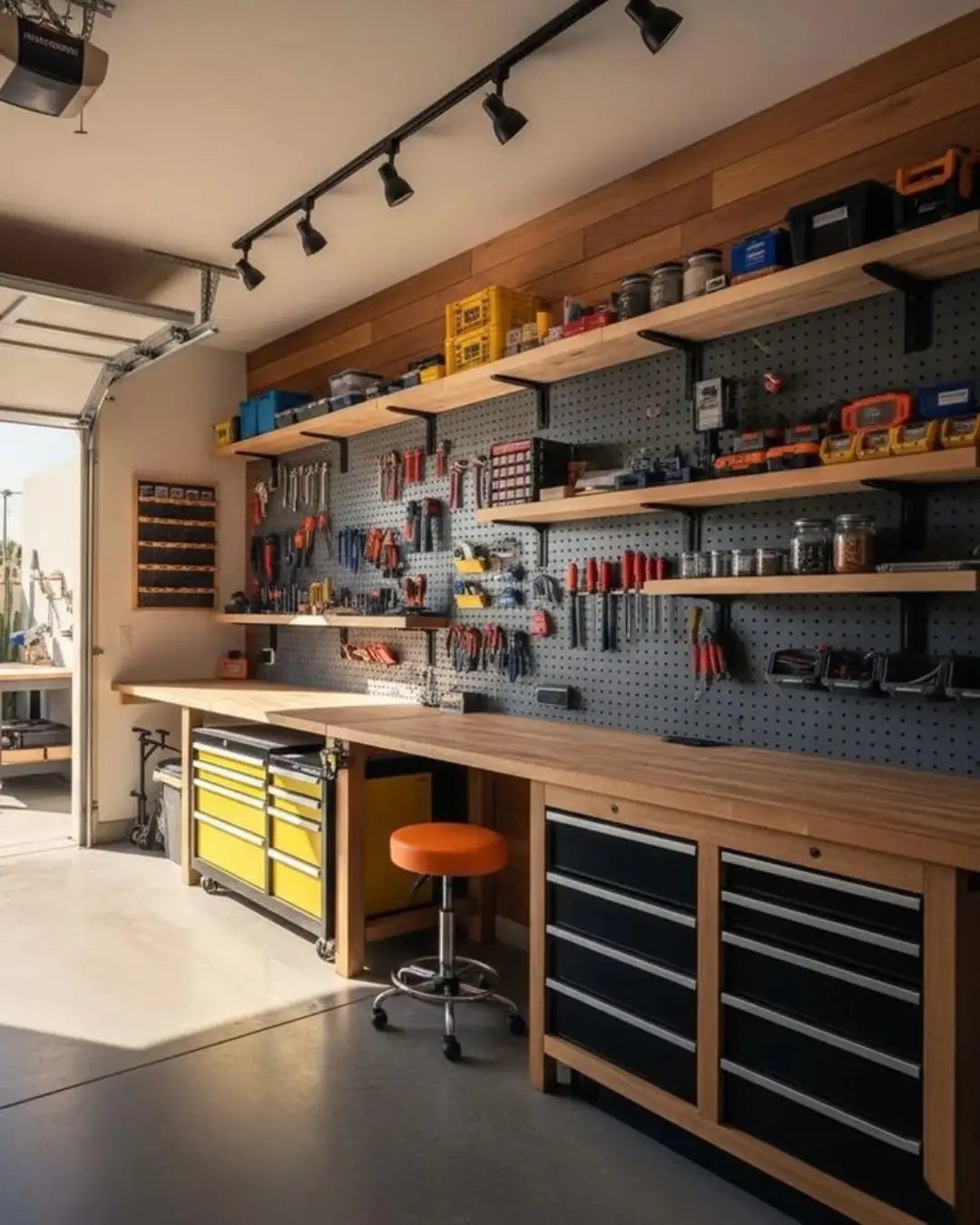 17 Garage Storage Inspiration Ideas to Organize Any Space 3 Wooden workbench and pegboard wall with tools and long wall-mounted shelves in garage.