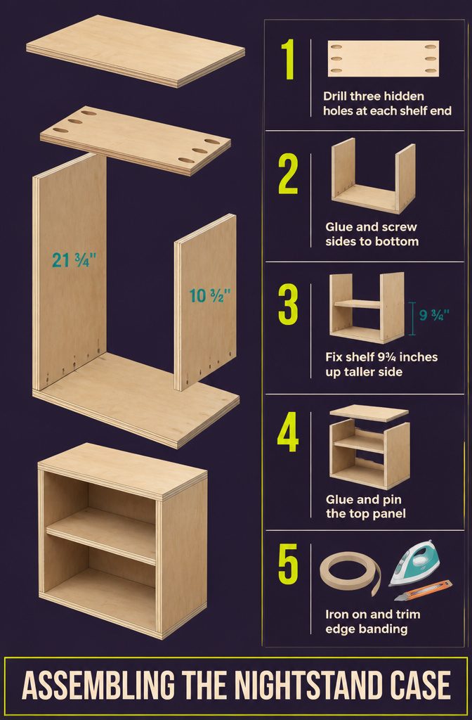 Nightstand case panels assembled with pocket-hole screws and corner squares