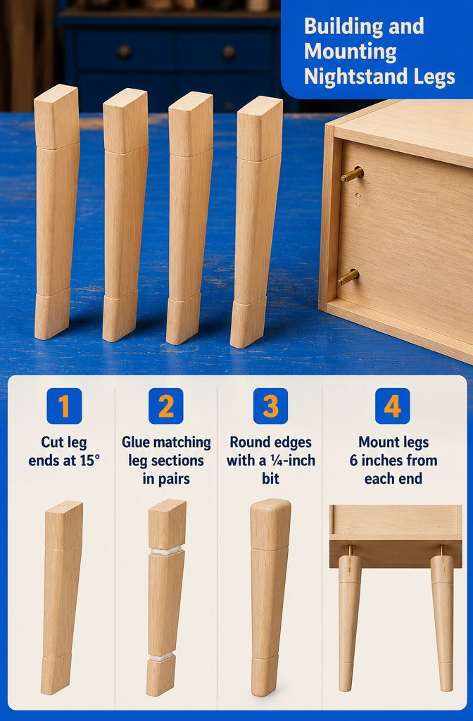 Nightstand case with tapered legs angled outward at the feet