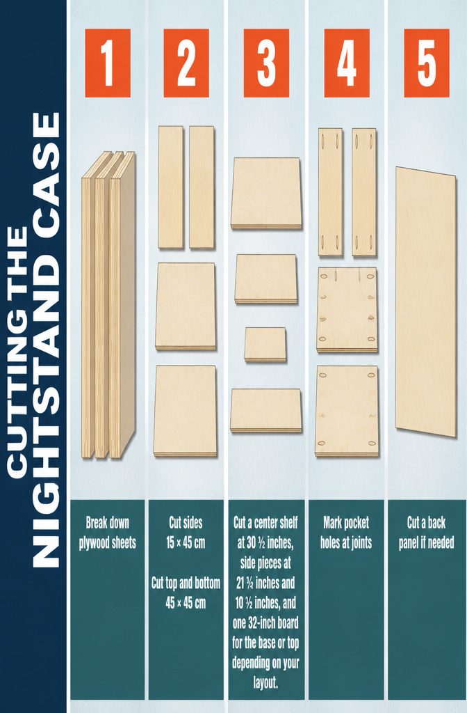 Nightstand case layout showing plywood panels and measured boards