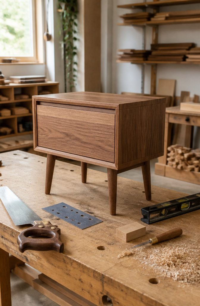 Finished nightstand with bubble level, spacer block, marking knife, sandpaper, and handsaw