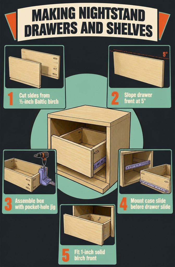 Nightstand drawer parts with a sloped front and open shelf option