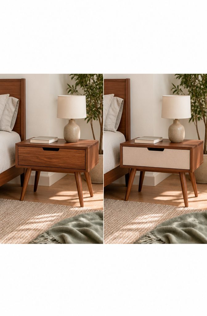 Mid-century nightstand with a straight-sided case and tapered legs