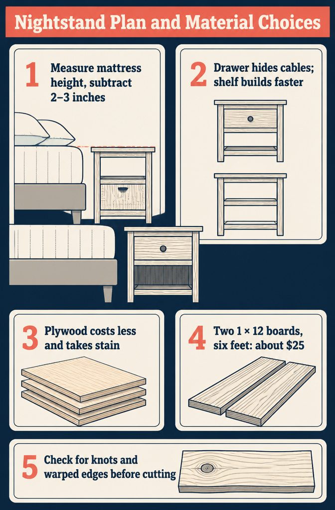 Nightstand plan graphic with material choices for plywood and solid boards