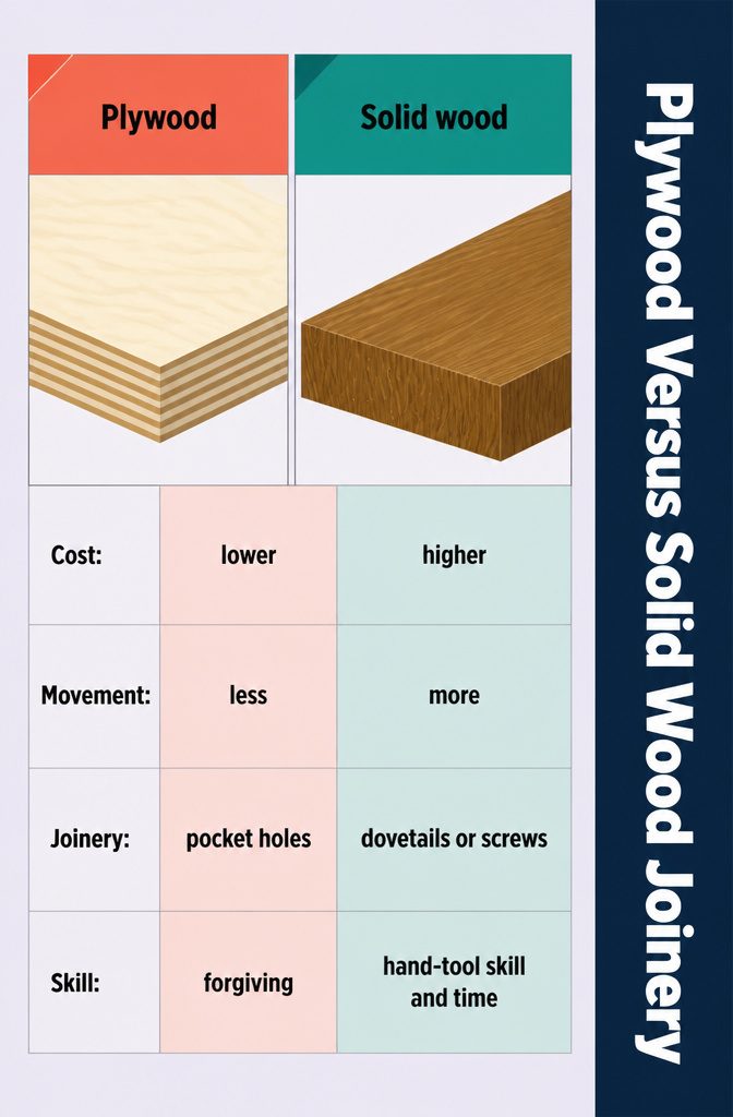 Joinery comparison graphic showing plywood and solid wood nightstand construction