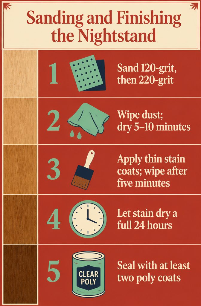 Nightstand wood surfaces prepared for stain and polyurethane finish