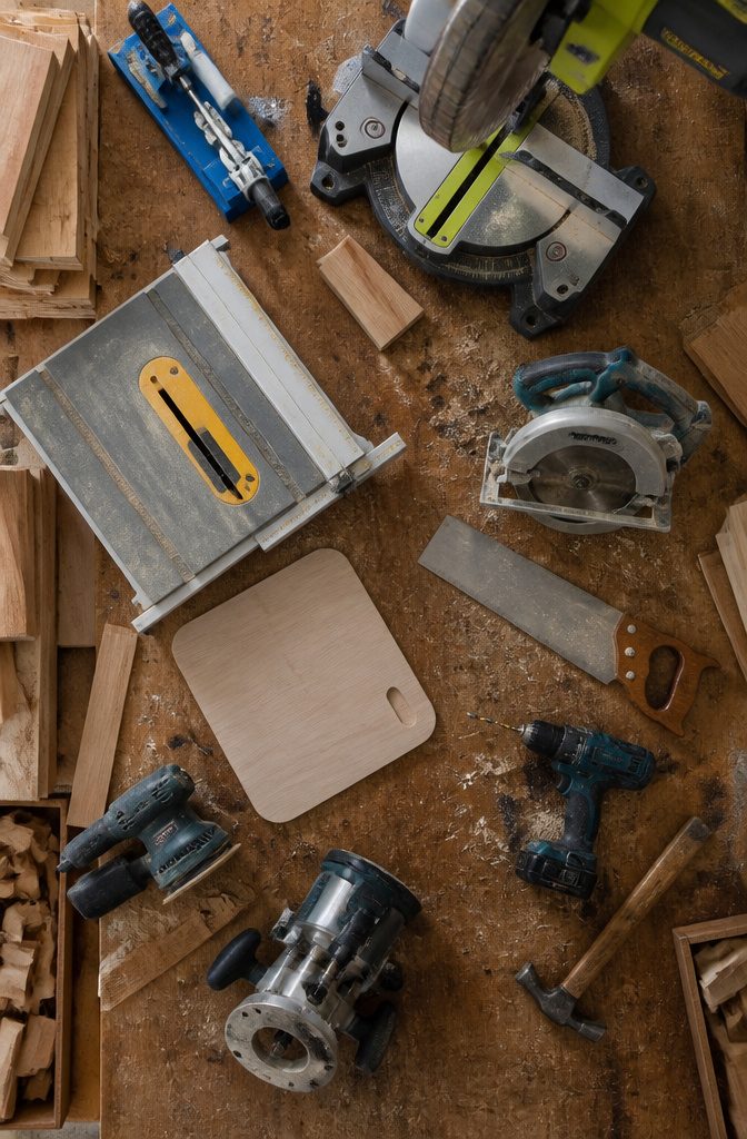 Woodworking tools including a Kreg Jig, mitre saw, drill, router, and sander