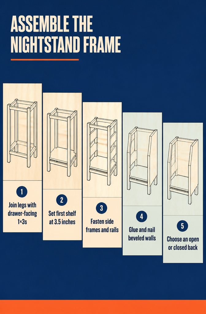 Nightstand frame with joined legs and a lower shelf