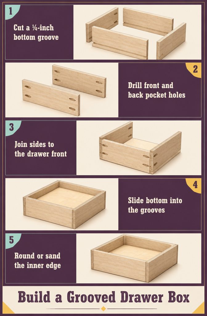 Grooved drawer box with a plywood bottom fitted into its sides