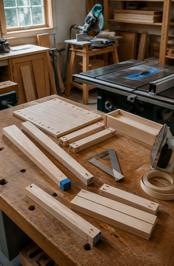Tapered wooden legs and beveled boards on a woodworking bench